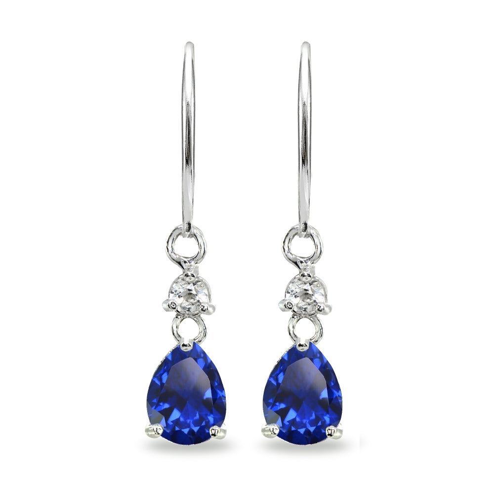 Sterling Silver Created Blue Sapphire & White Topaz 8x6mm Teardrop Dangle Leverback Earrings-2