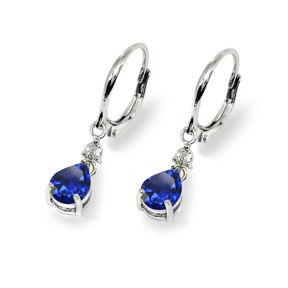 Sterling Silver Created Blue Sapphire & White Topaz 8x6mm Teardrop Dangle Leverback Earrings-3