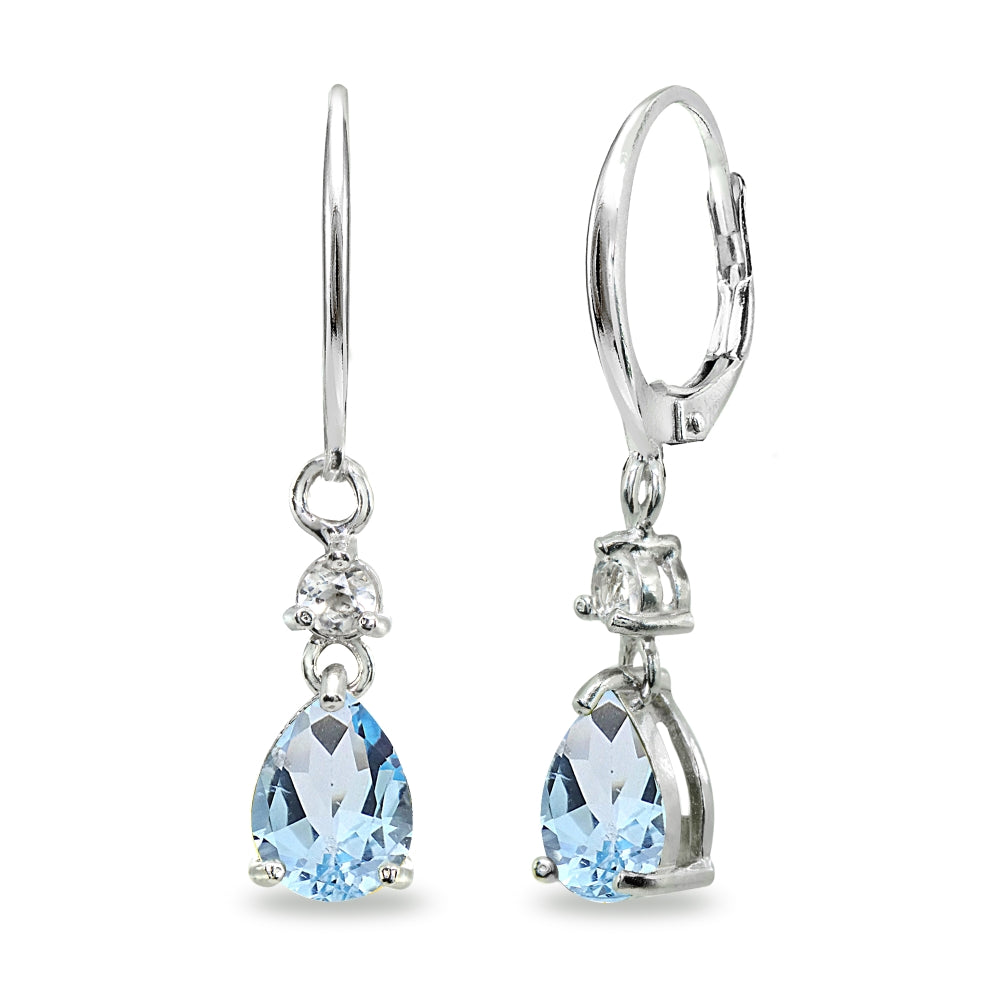 Sterling Silver Blue & White Topaz 8x6mm Teardrop Dangle Leverback Earrings