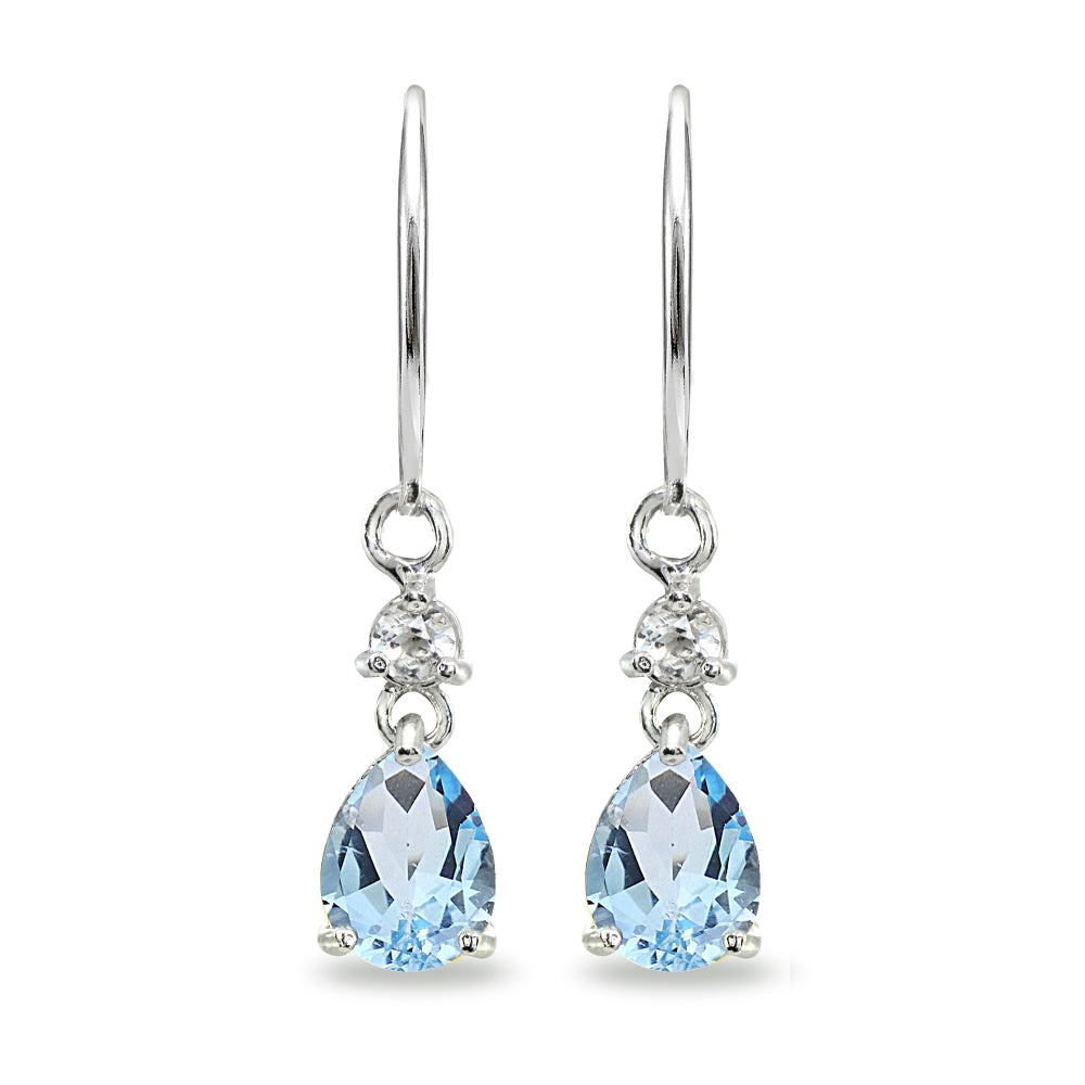 Sterling Silver Blue & White Topaz 8x6mm Teardrop Dangle Leverback Earrings-2