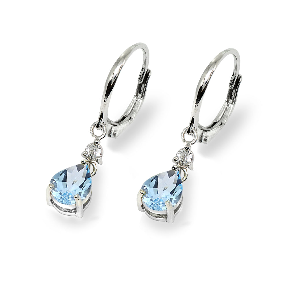 Sterling Silver Blue & White Topaz 8x6mm Teardrop Dangle Leverback Earrings-3