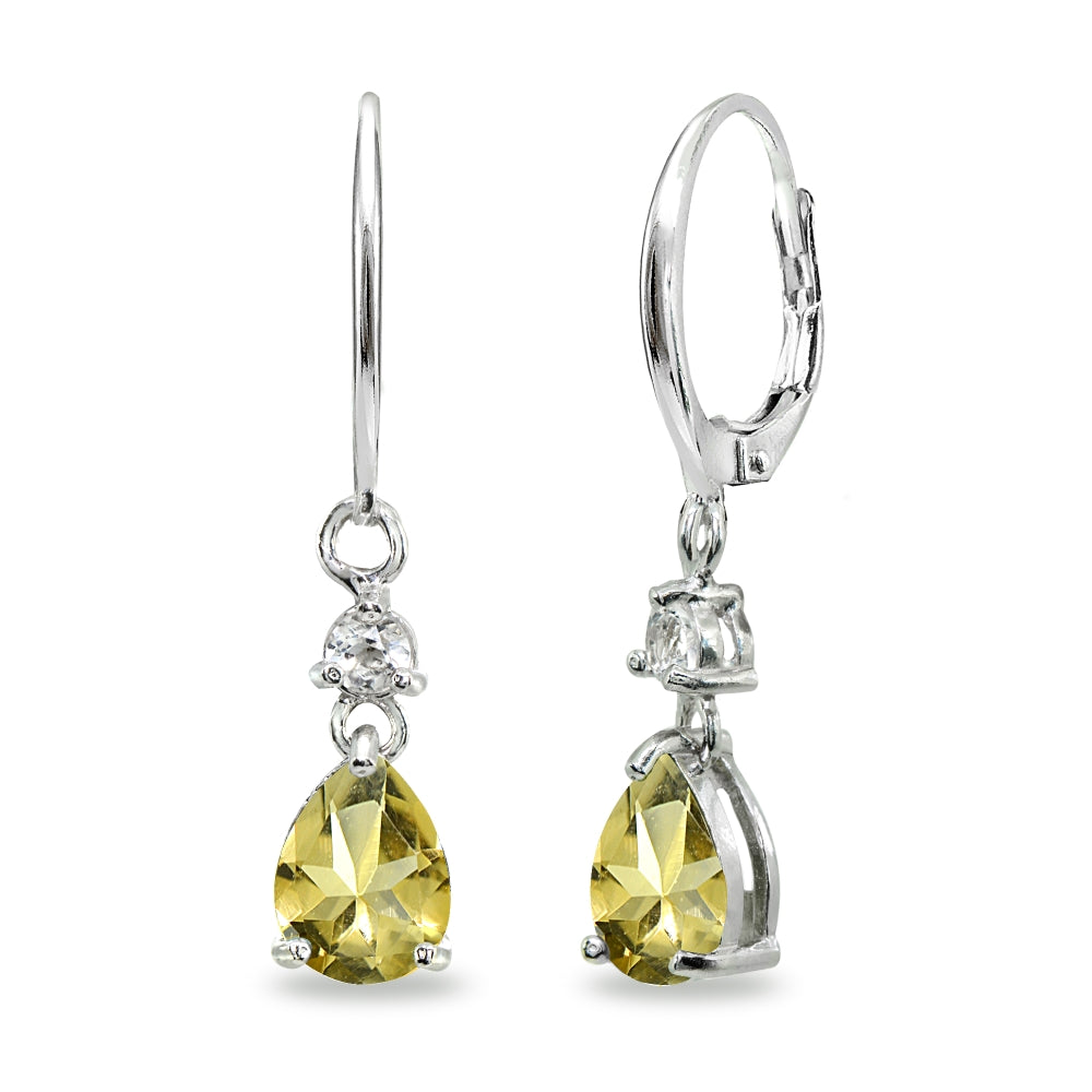 Sterling Silver Citrine & White Topaz 8x6mm Teardrop Dangle Leverback Earrings