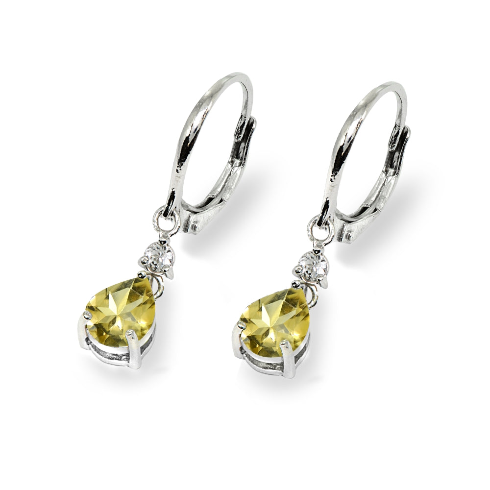 Sterling Silver Citrine & White Topaz 8x6mm Teardrop Dangle Leverback Earrings-3