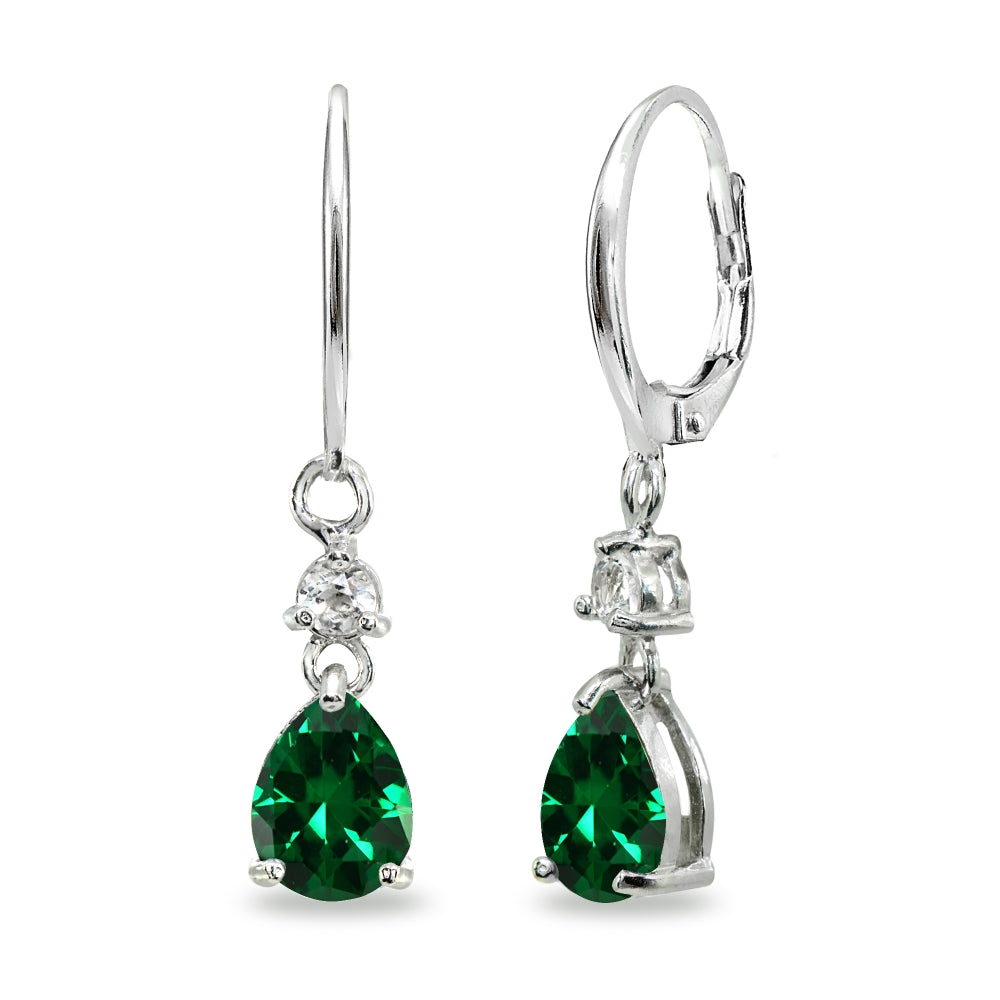 Sterling Silver Created Emerald & White Topaz 8x6mm Teardrop Dangle Leverback Earrings