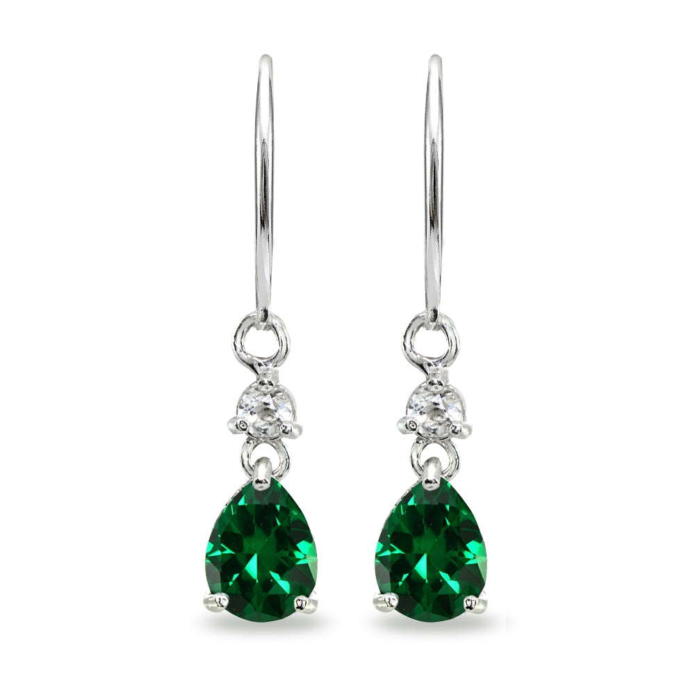 Sterling Silver Created Emerald & White Topaz 8x6mm Teardrop Dangle Leverback Earrings-2