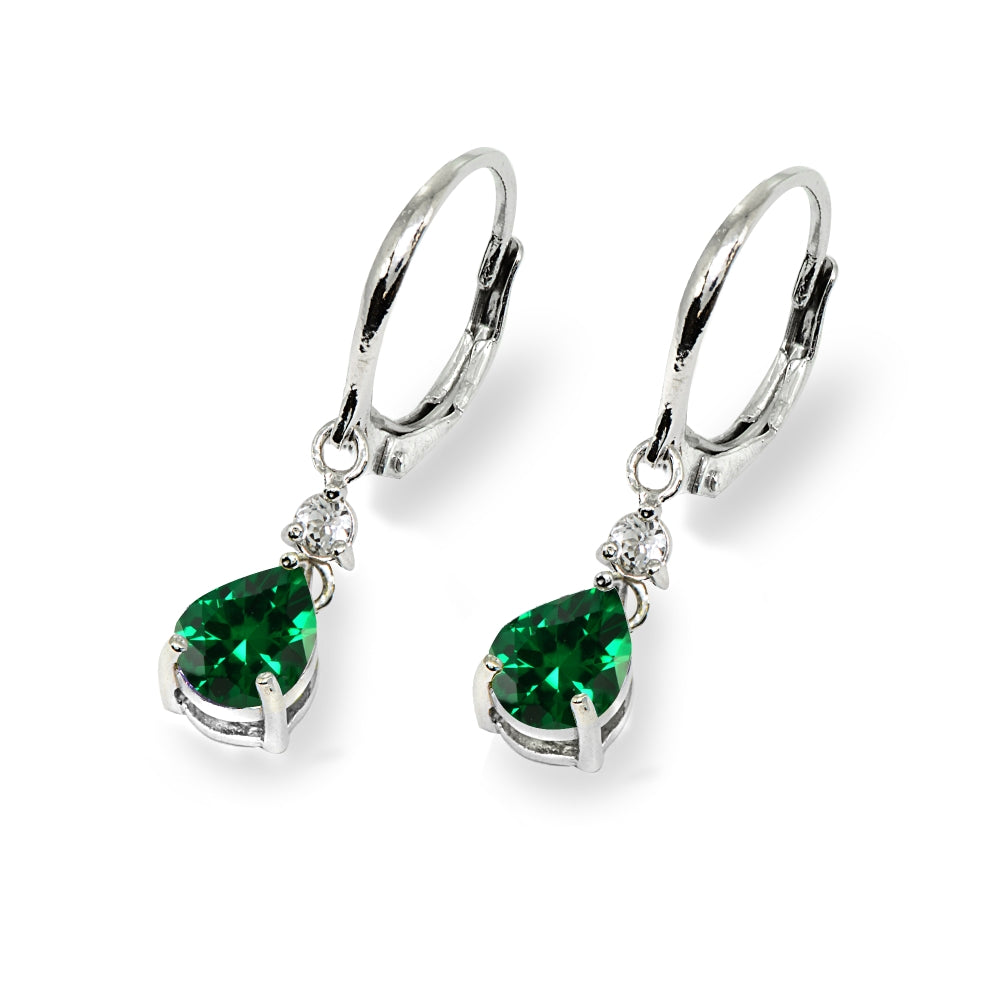 Sterling Silver Created Emerald & White Topaz 8x6mm Teardrop Dangle Leverback Earrings-3