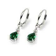 Sterling Silver Created Emerald & White Topaz 8x6mm Teardrop Dangle Leverback Earrings