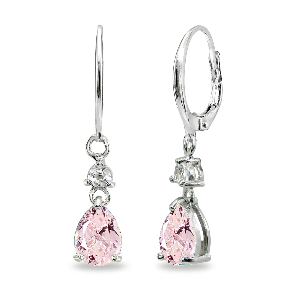 Sterling Silver Created Morganite & White Topaz 8x6mm Teardrop Dangle Leverback Earrings