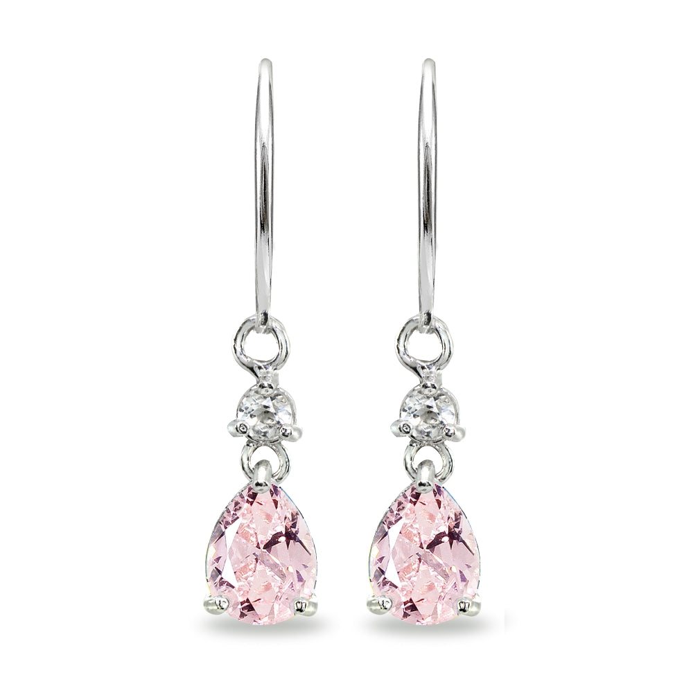Sterling Silver Created Morganite & White Topaz 8x6mm Teardrop Dangle Leverback Earrings-2