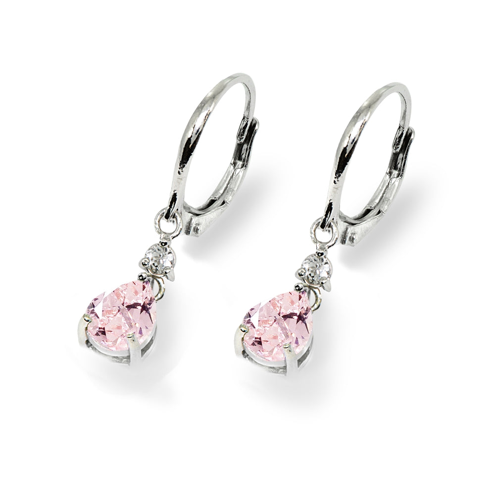 Sterling Silver Created Morganite & White Topaz 8x6mm Teardrop Dangle Leverback Earrings-3