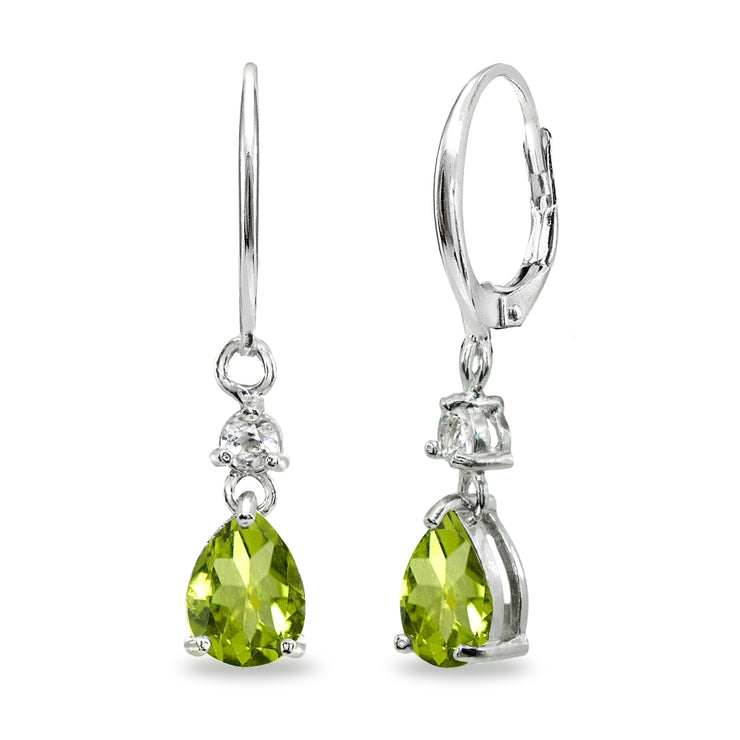 Sterling Silver Peridot & White Topaz 8x6mm Teardrop Dangle Leverback Earrings