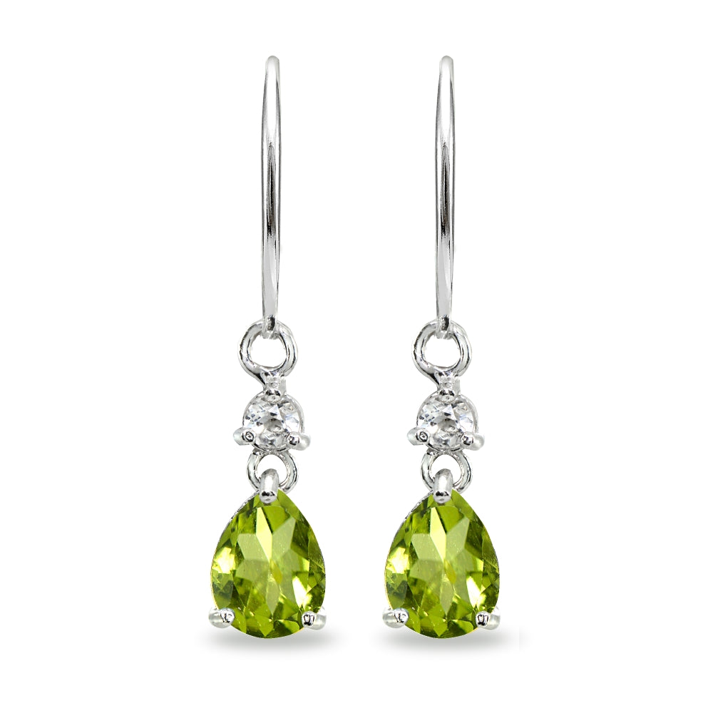Sterling Silver Peridot & White Topaz 8x6mm Teardrop Dangle Leverback Earrings-2