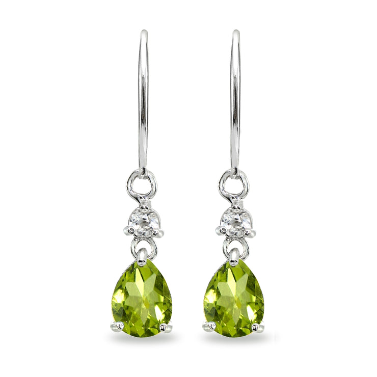 Sterling Silver Peridot & White Topaz 8x6mm Teardrop Dangle Leverback Earrings