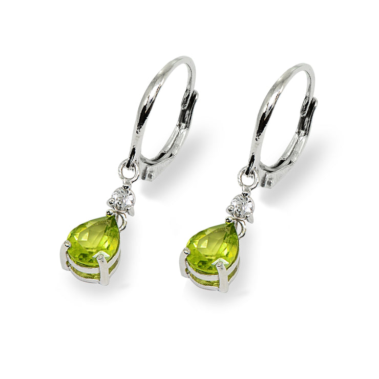 Sterling Silver Peridot & White Topaz 8x6mm Teardrop Dangle Leverback Earrings