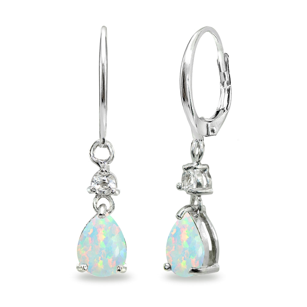 Sterling Silver Created White Opal & Topaz 8x6mm Teardrop Dangle Leverback Earrings