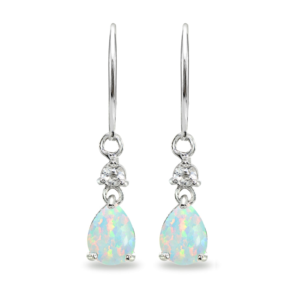 Sterling Silver Created White Opal & Topaz 8x6mm Teardrop Dangle Leverback Earrings-2