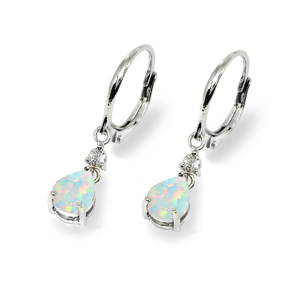 Sterling Silver Created White Opal & Topaz 8x6mm Teardrop Dangle Leverback Earrings-3