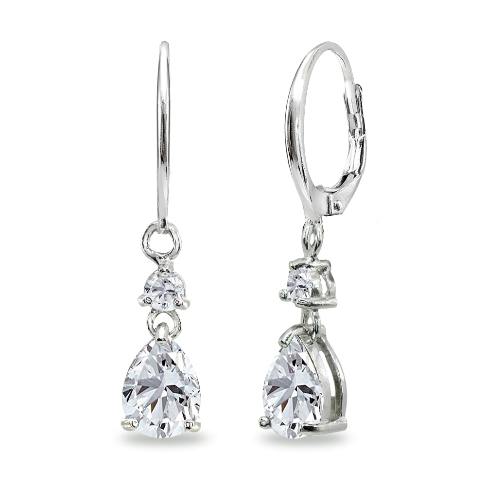 Sterling Silver Cubic Zirconia 8x6mm Teardrop Dangle Leverback Earrings