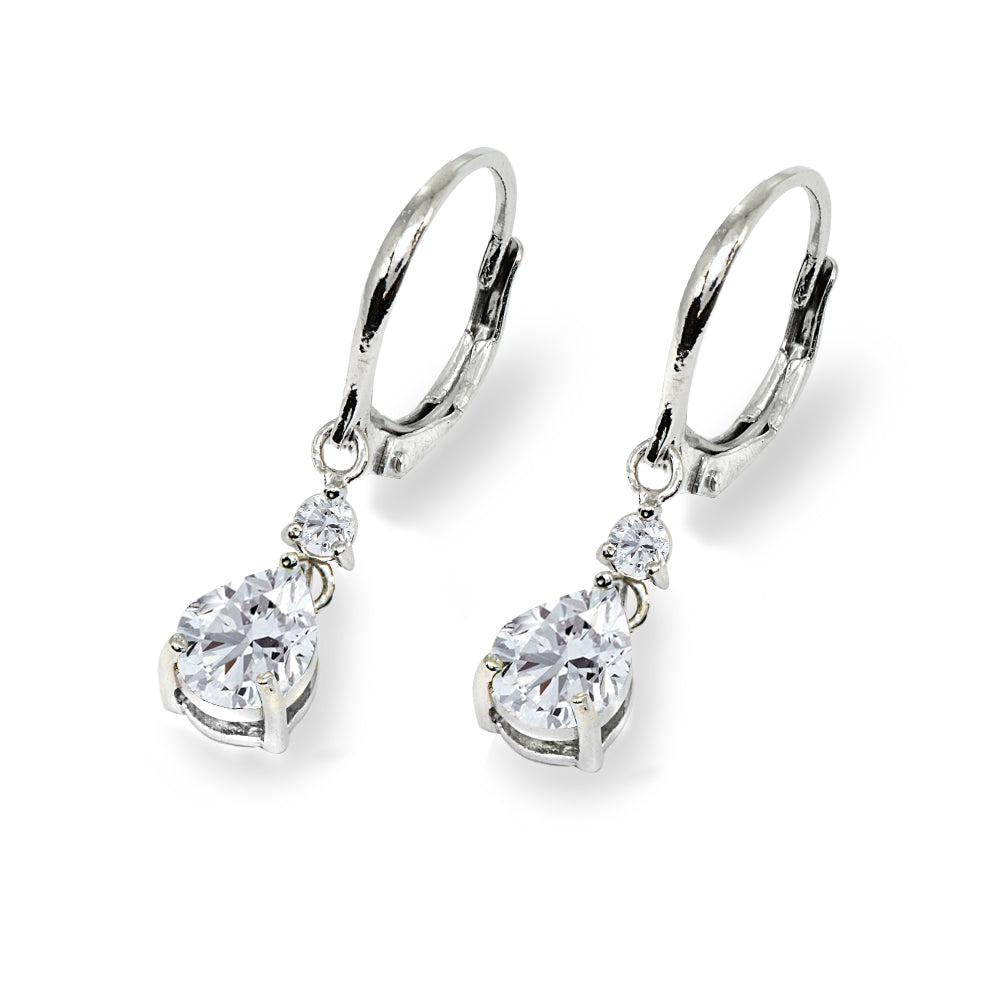 Sterling Silver Cubic Zirconia 8x6mm Teardrop Dangle Leverback Earrings-3