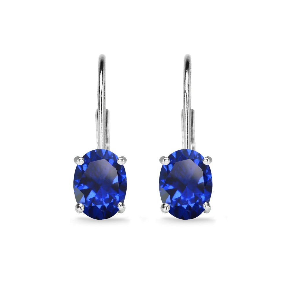 Sterling Silver Created Blue Sapphire 7x5mm Oval Solitaire Dainty Leverback Earrings-2