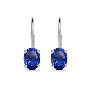 Sterling Silver Created Blue Sapphire 7x5mm Oval Solitaire Dainty Leverback Earrings