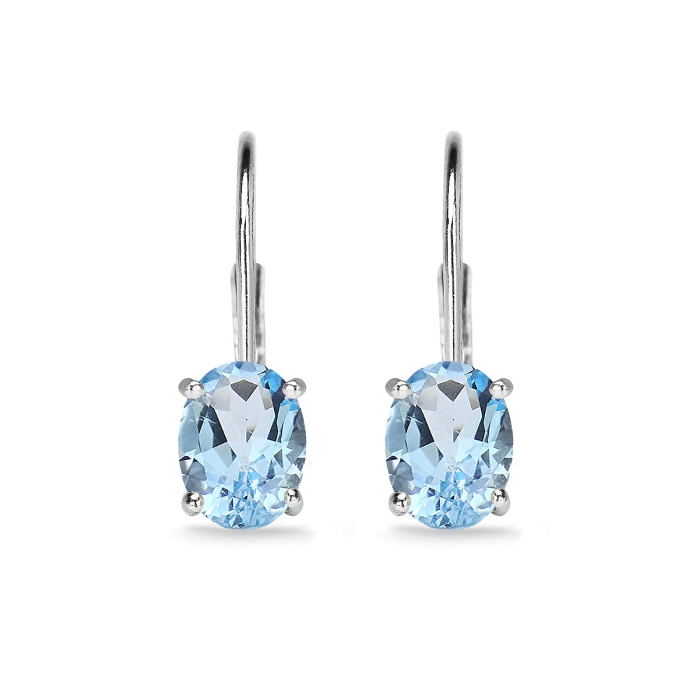 Sterling Silver Blue Topaz 7x5mm Oval Solitaire Dainty Leverback Earrings-2