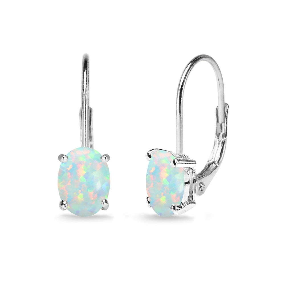 Sterling Silver Created White Opal 7x5mm Oval Solitaire Dainty Leverback Earrings