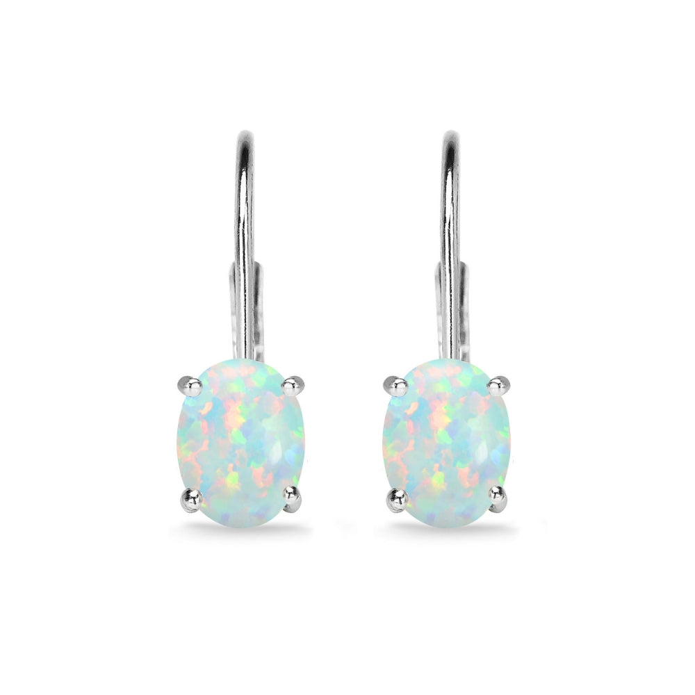 Sterling Silver Created White Opal 7x5mm Oval Solitaire Dainty Leverback Earrings-2