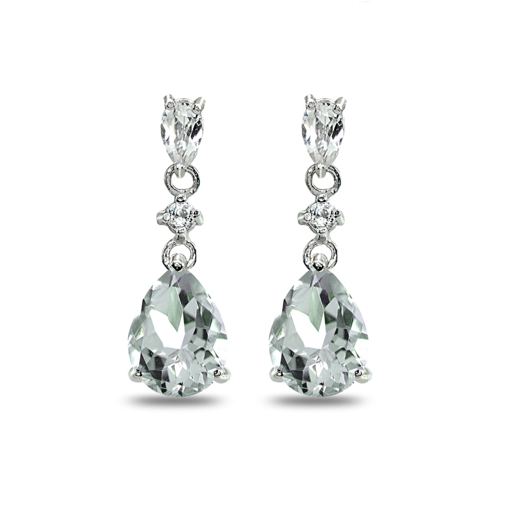 Sterling Silver Light Aquamarine & White Topaz Pear-Cut Teardrop Dangling Stud Earrings-2