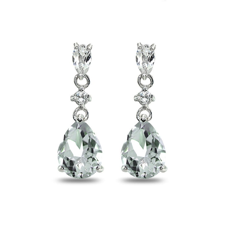 Sterling Silver Light Aquamarine & White Topaz Pear-Cut Teardrop Dangling Stud Earrings