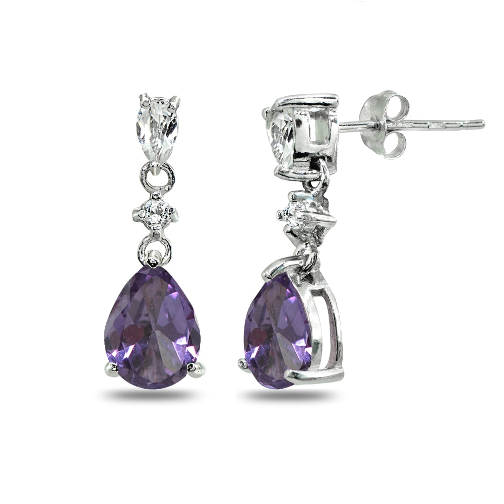 Sterling Silver Created Alexandrite & White Topaz Pear-Cut Teardrop Dangling Stud Earrings