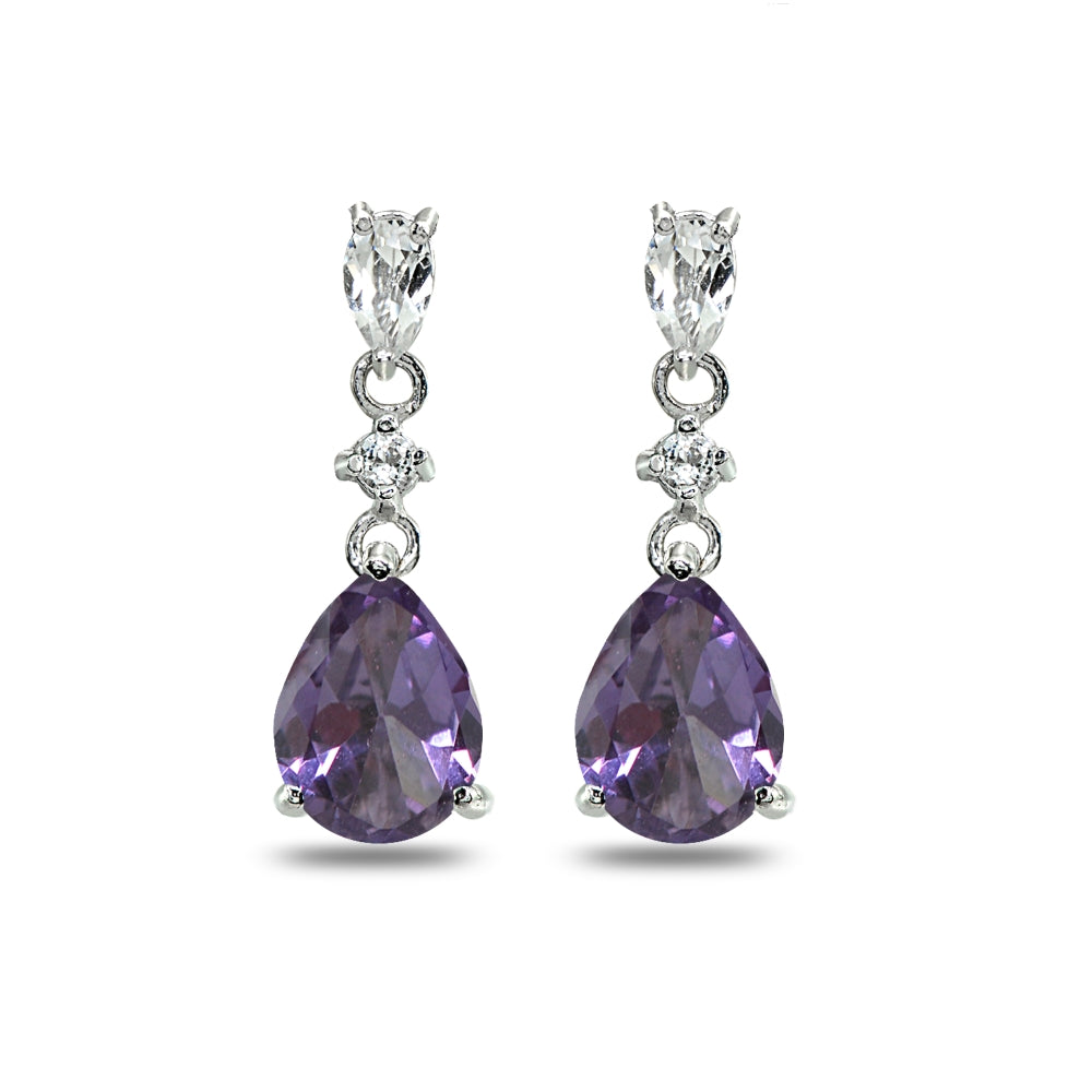 Sterling Silver Created Alexandrite & White Topaz Pear-Cut Teardrop Dangling Stud Earrings-2