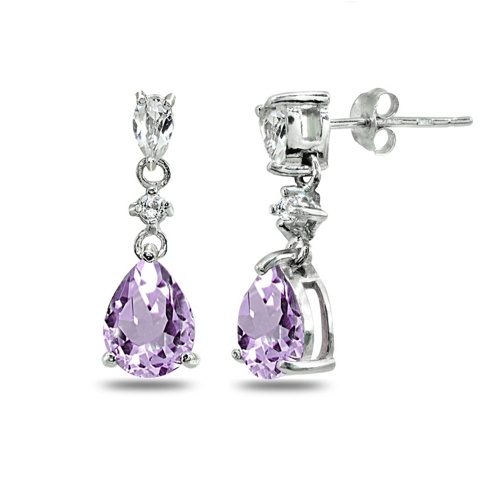 Sterling Silver Amethyst & White Topaz Pear-Cut Teardrop Dangling Stud Earrings