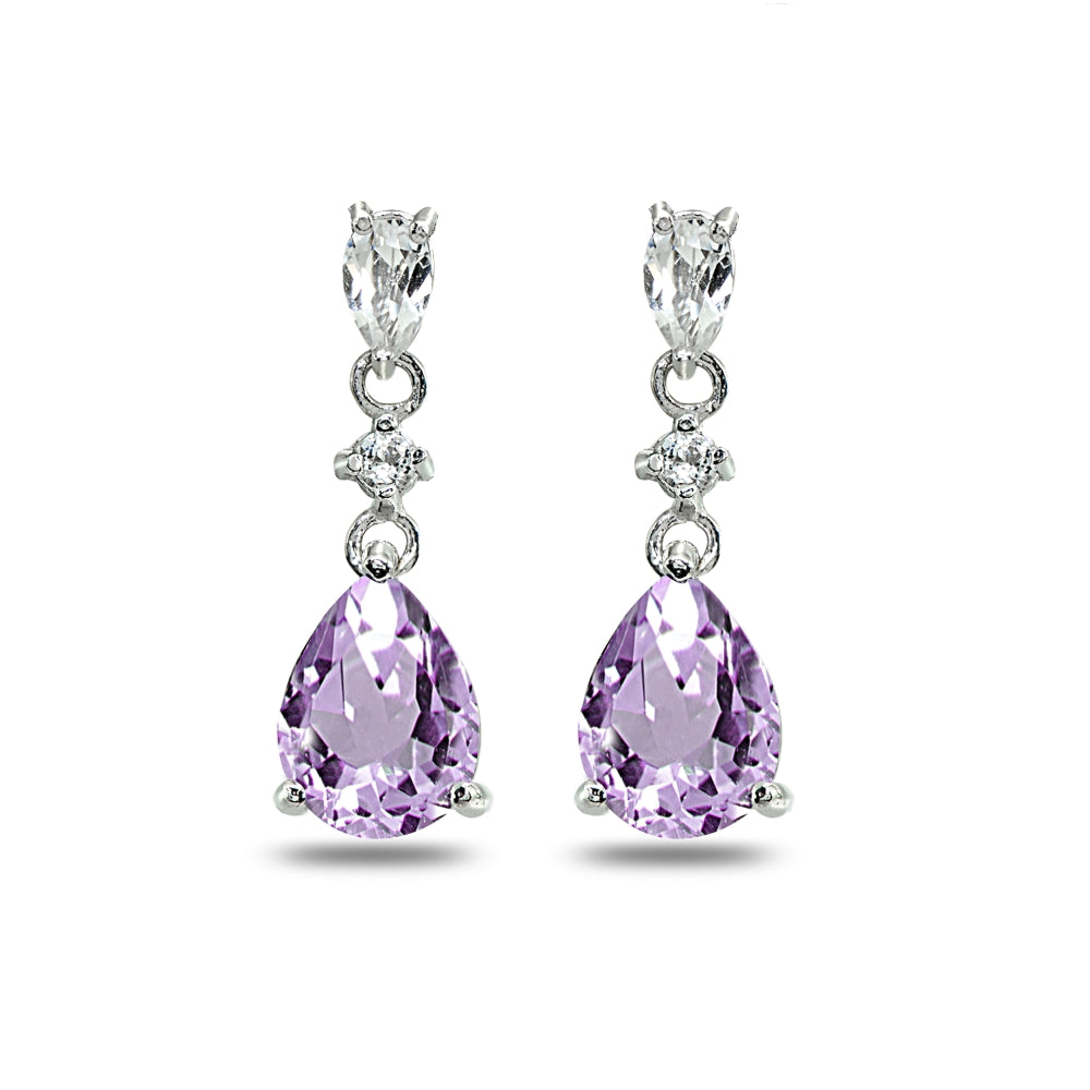 Sterling Silver Amethyst & White Topaz Pear-Cut Teardrop Dangling Stud Earrings-2