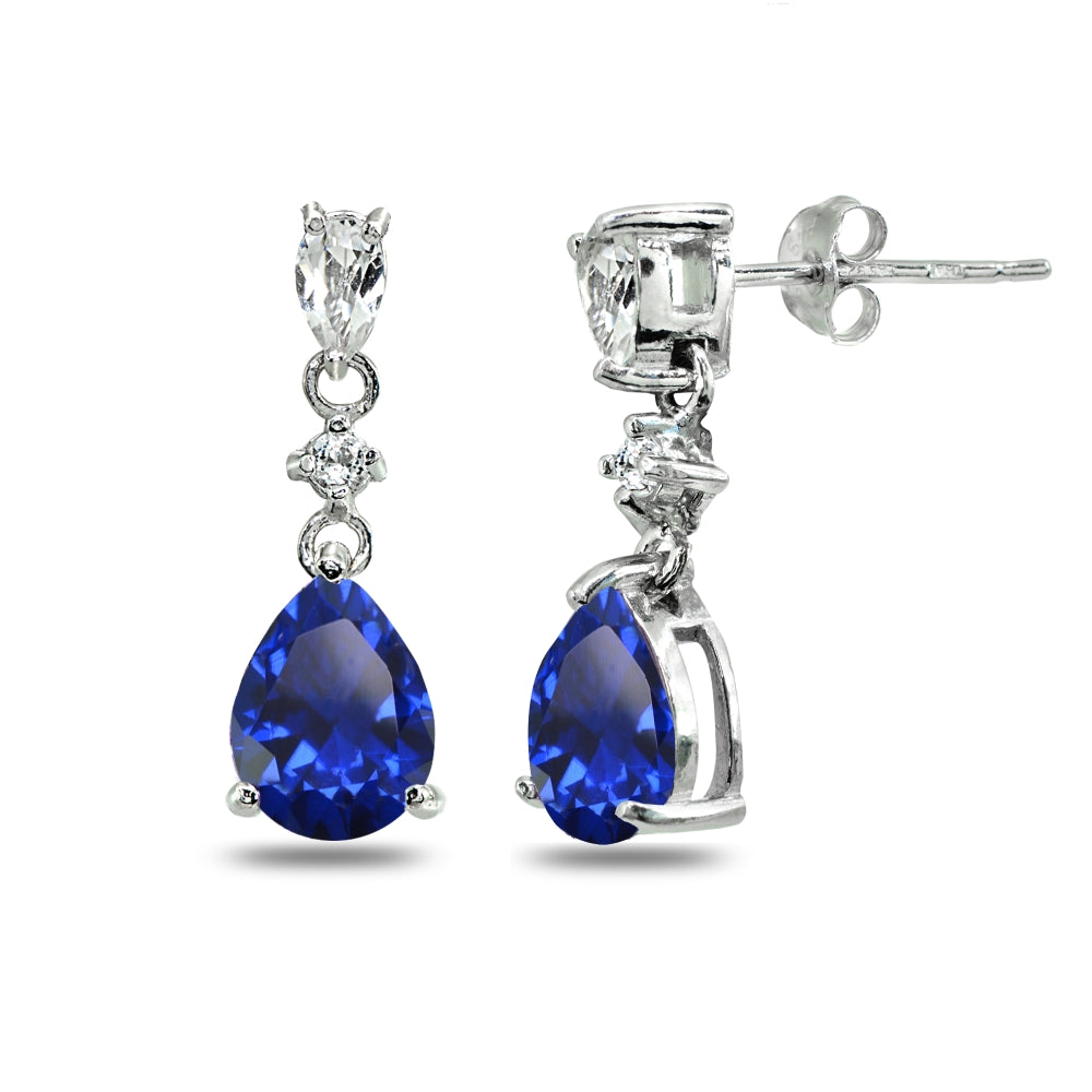 Sterling Silver Created Blue Sapphire & White Topaz Pear-Cut Teardrop Dangling Stud Earrings