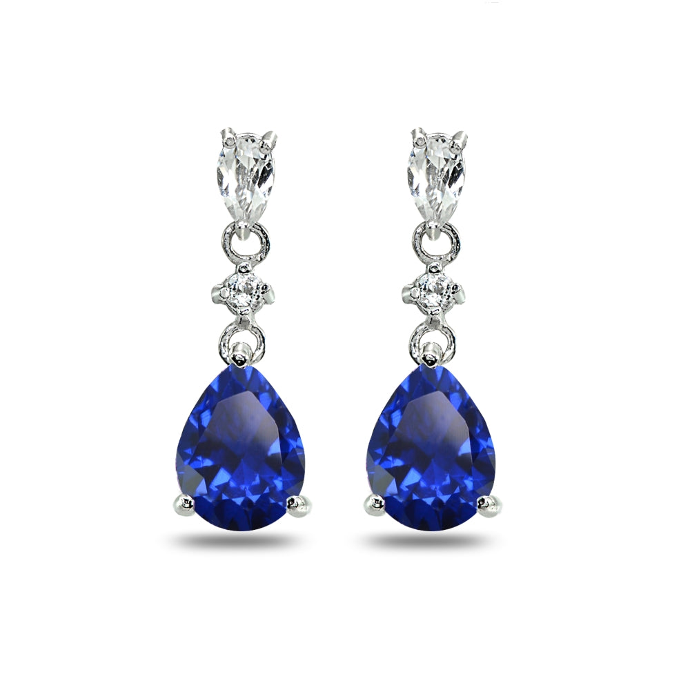 Sterling Silver Created Blue Sapphire & White Topaz Pear-Cut Teardrop Dangling Stud Earrings-2