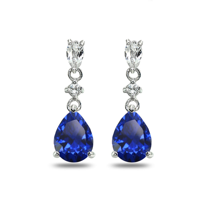Sterling Silver Created Blue Sapphire & White Topaz Pear-Cut Teardrop Dangling Stud Earrings