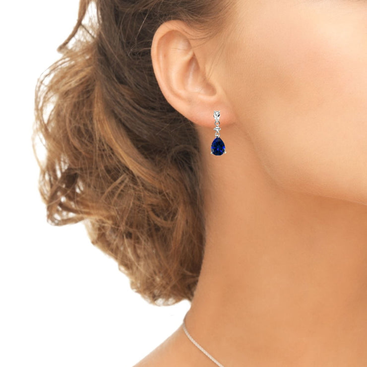 Sterling Silver Created Blue Sapphire & White Topaz Pear-Cut Teardrop Dangling Stud Earrings