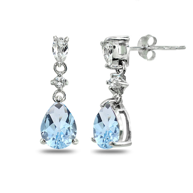 Sterling Silver Blue Topaz & White Topaz Pear-Cut Teardrop Dangling Stud Earrings