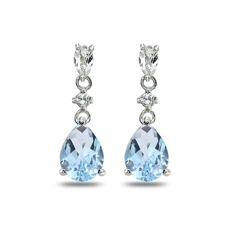 Sterling Silver Blue Topaz & White Topaz Pear-Cut Teardrop Dangling Stud Earrings-2