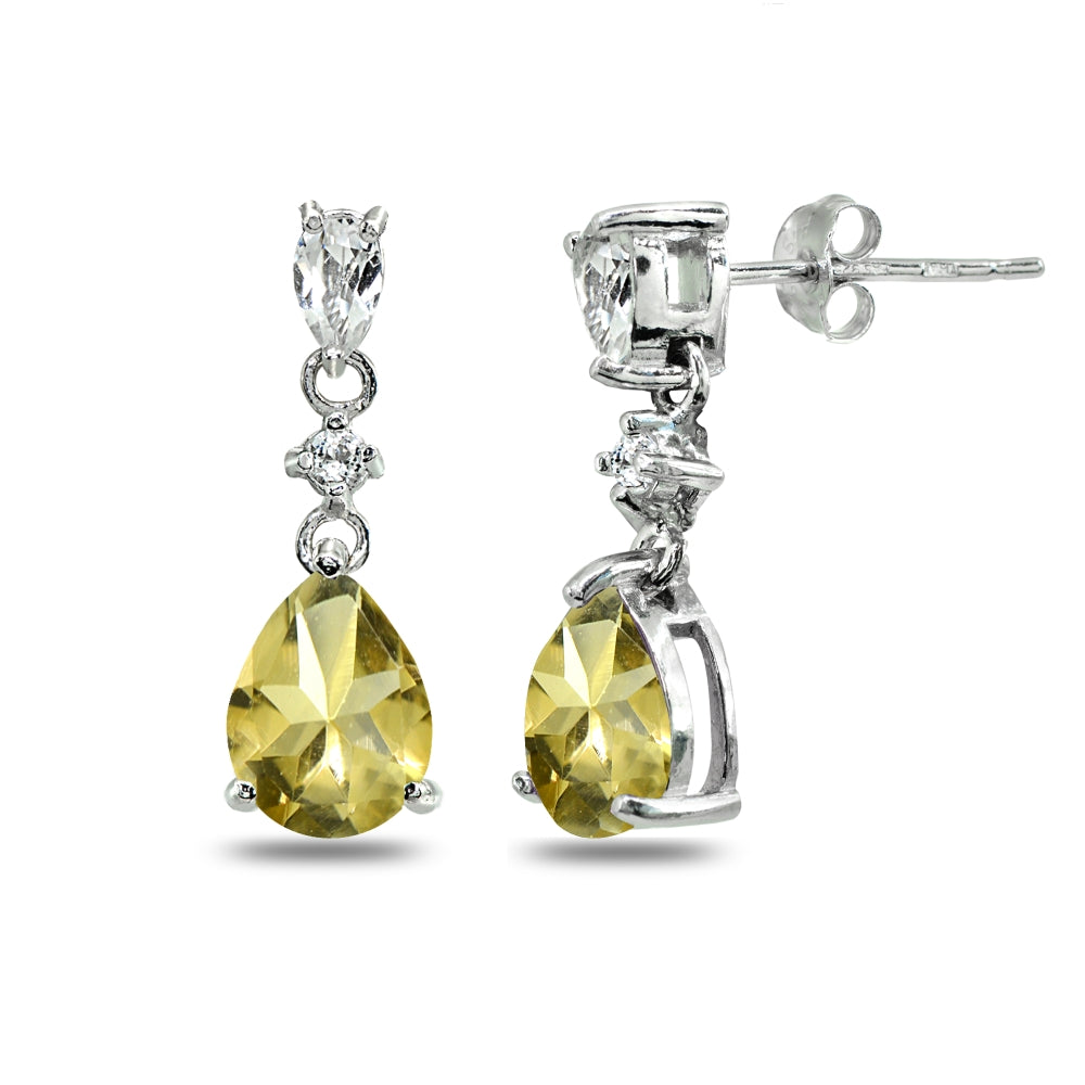 Sterling Silver Citrine & White Topaz Pear-Cut Teardrop Dangling Stud Earrings