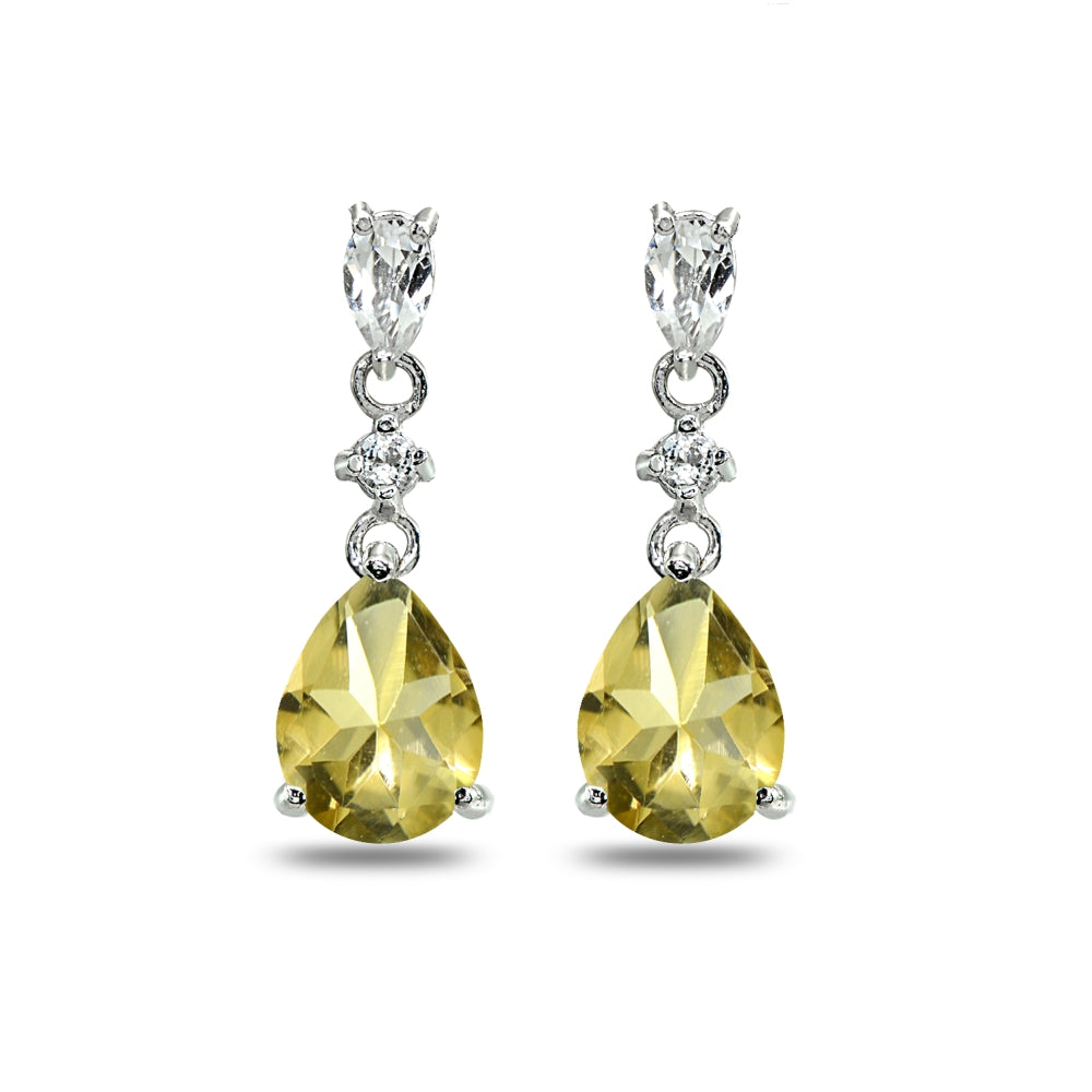 Sterling Silver Citrine & White Topaz Pear-Cut Teardrop Dangling Stud Earrings-2