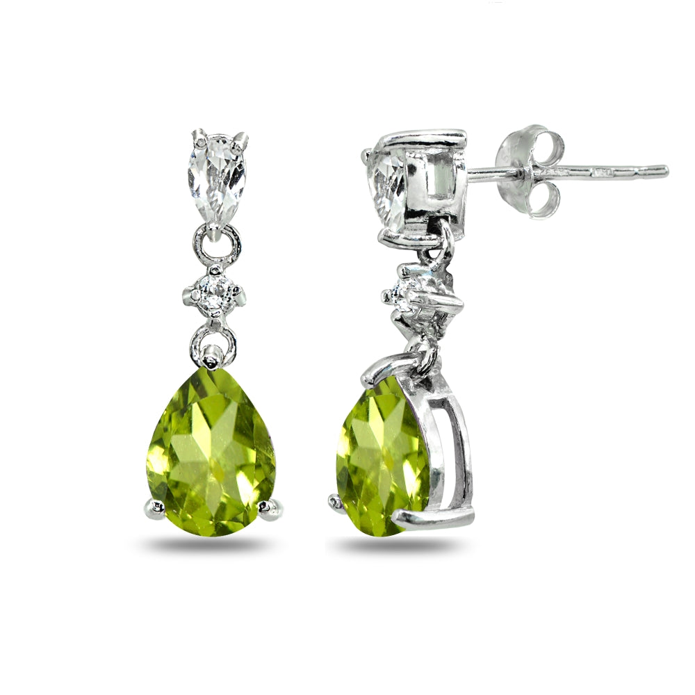 Sterling Silver Peridot & White Topaz Pear-Cut Teardrop Dangling Stud Earrings