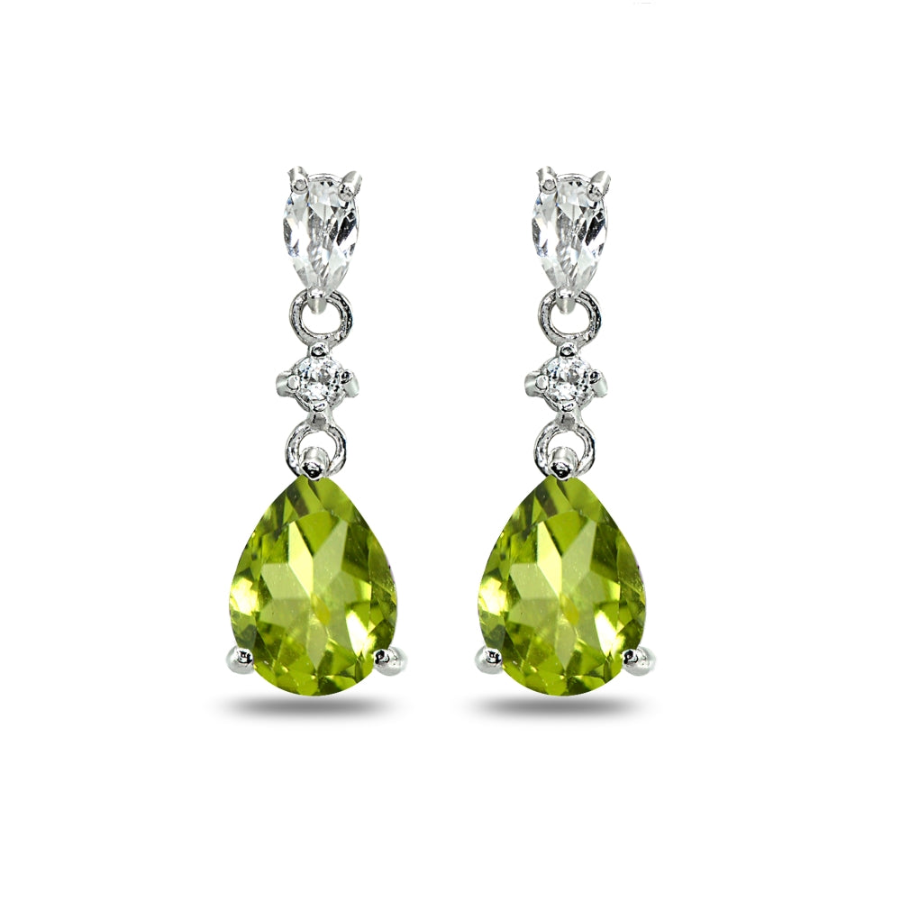Sterling Silver Peridot & White Topaz Pear-Cut Teardrop Dangling Stud Earrings-2