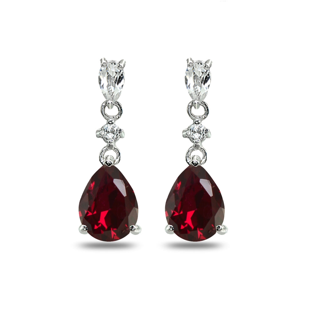 Sterling Silver Created Ruby & White Topaz Pear-Cut Teardrop Dangling Stud Earrings-2