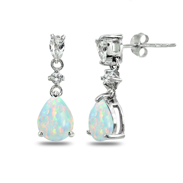 Sterling Silver Created White Opal & White Topaz Pear-Cut Teardrop Dangling Stud Earrings
