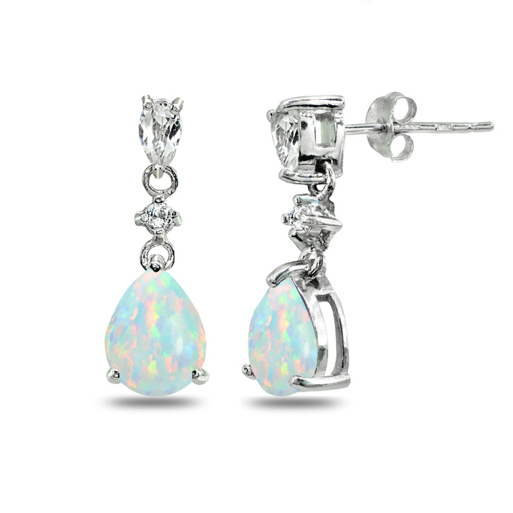 Sterling Silver Created White Opal & White Topaz Pear-Cut Teardrop Dangling Stud Earrings