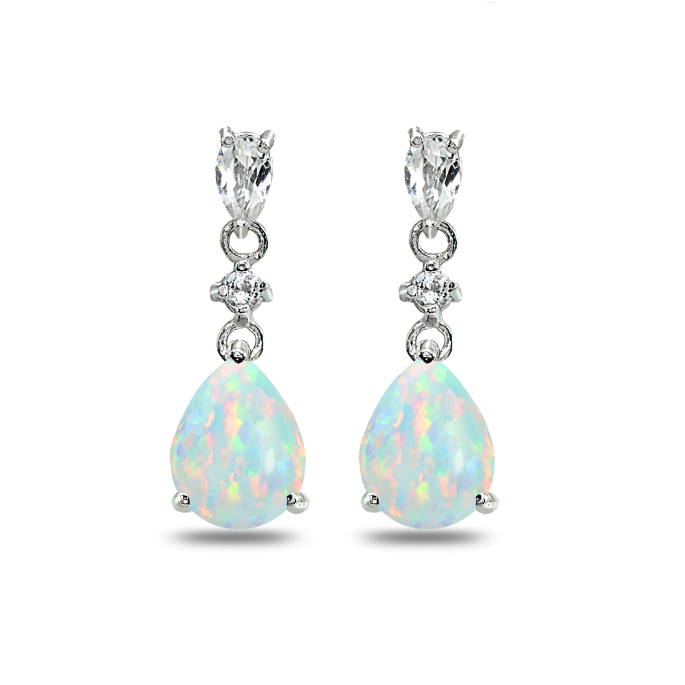 Sterling Silver Created White Opal & White Topaz Pear-Cut Teardrop Dangling Stud Earrings-2