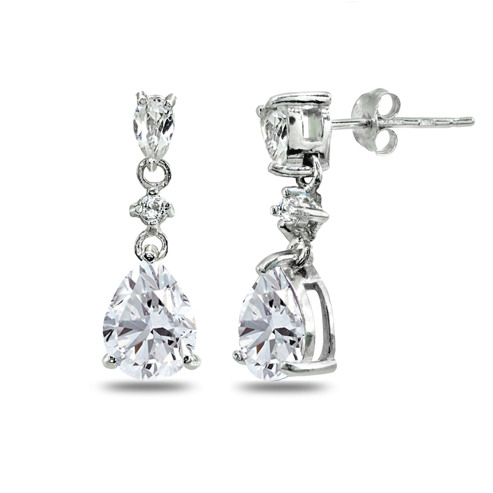 Sterling Silver Cubic Zirconia Pear-Cut Teardrop Dangling Stud Earrings