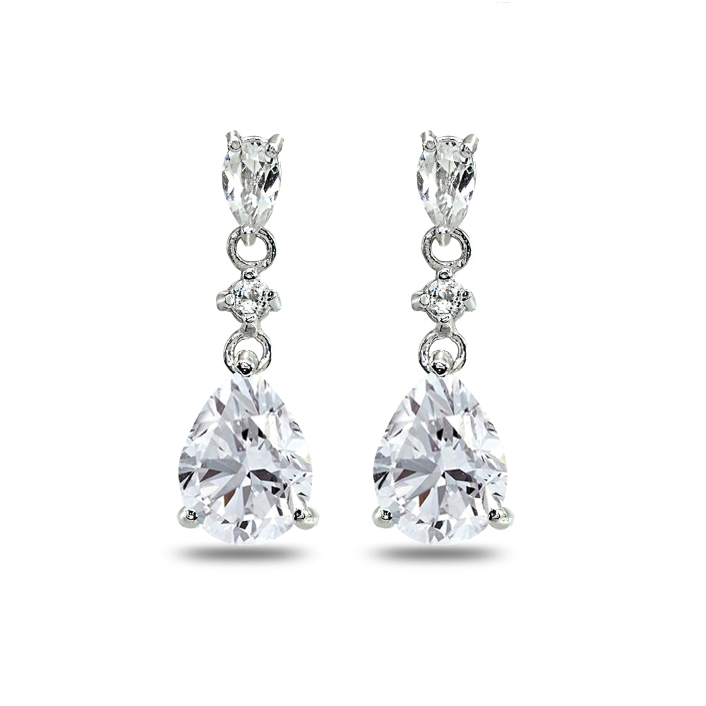 Sterling Silver Cubic Zirconia Pear-Cut Teardrop Dangling Stud Earrings-2